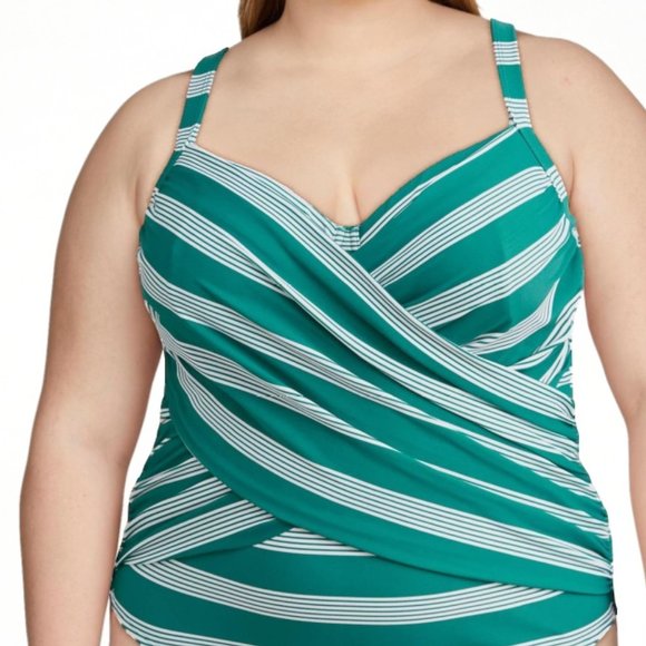 Green Striped One-Piece Swimsuit with Criss-Cross Bodice - Picture 1 of 6